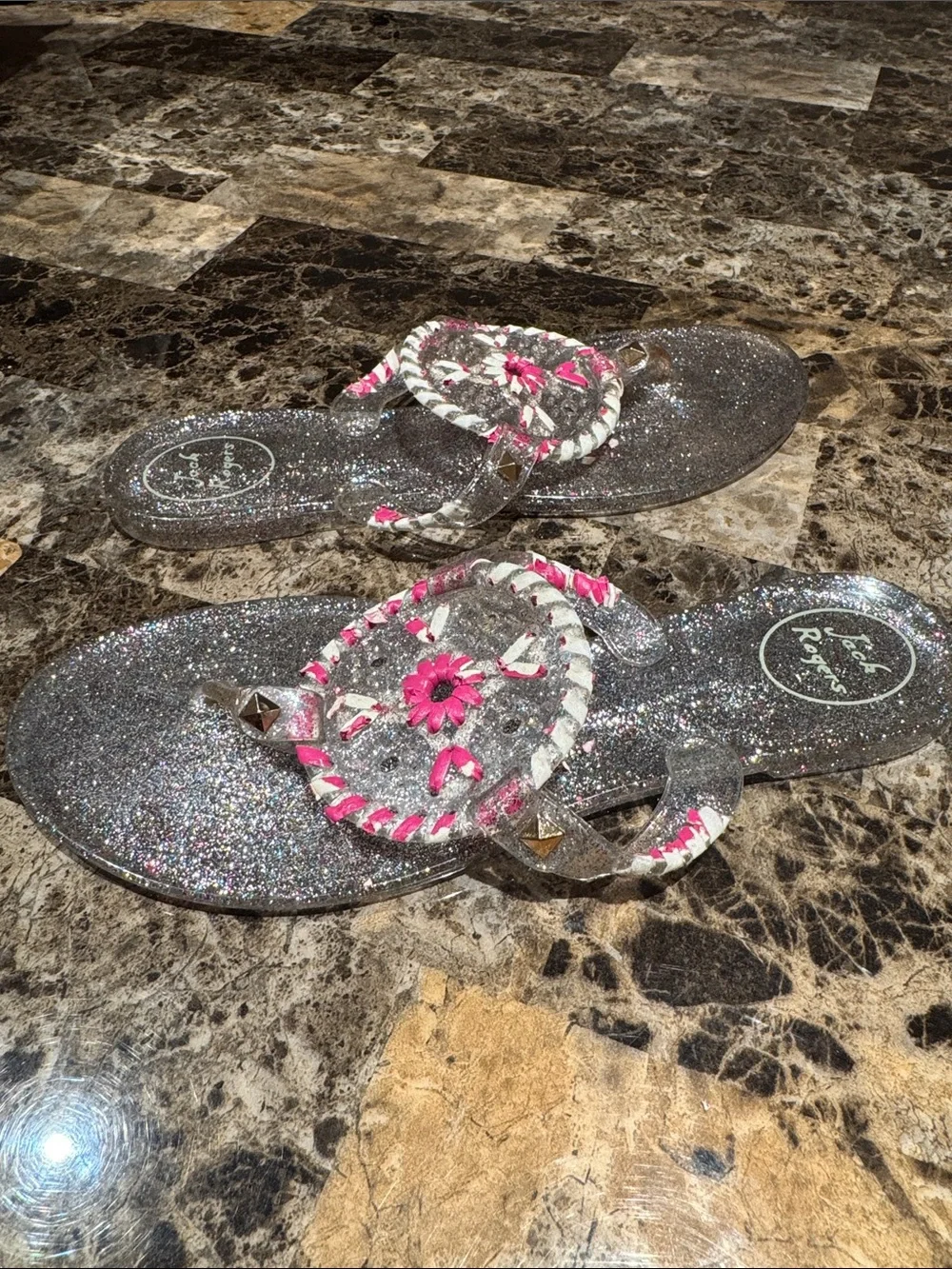 Jack Rogers Silver Colorful Glitter Girls' Sandals with pink/white accents - 4